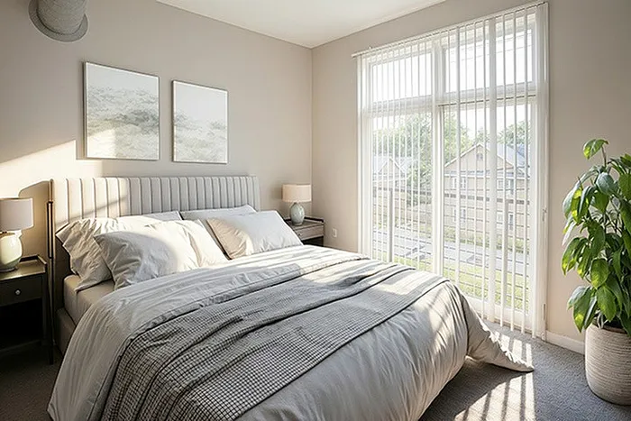 Bright and inviting bedroom with a plush bed, large window offering natural light, and serene decor.
