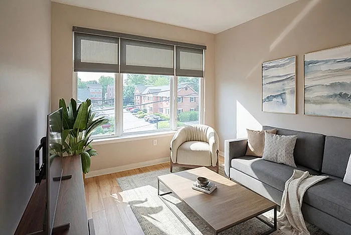 Bright and modern living room with natural light, cozy gray sofa, and contemporary decor, overlooking a picturesque neighborhood.