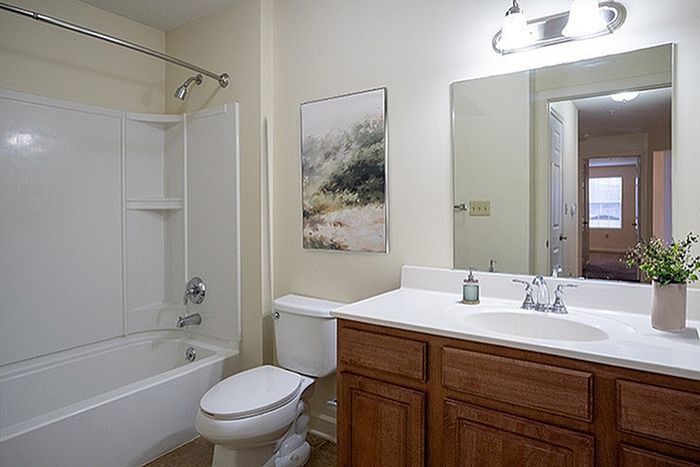 Elegant bathroom featuring a modern vanity, built-in bathtub, and stylish lighting, offering a serene and inviting atmosphere.