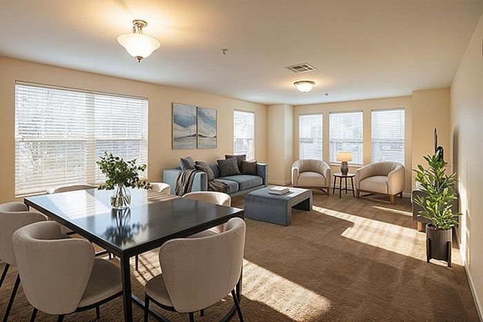 Bright and inviting living space with elegant dining area, cozy seating, and abundant natural light.