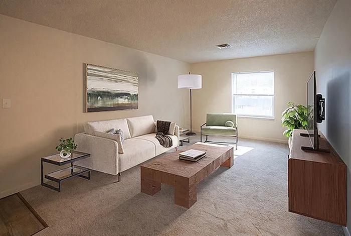 Cozy living room with modern furnishings, plush carpet, natural light from a large window, and stylish decor.