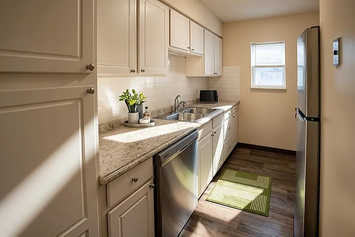 Bright, modern kitchen with sleek stainless steel appliances, elegant cabinetry, and sunlit countertops.