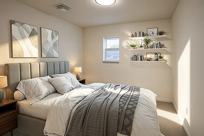 Inviting bedroom with plush bedding, soft lighting, and stylish decor, showcasing cozy ambiance and modern design.