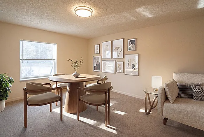Bright and inviting dining area featuring a round wooden table with elegant chairs, enhanced by a cozy couch and stylish wall art.