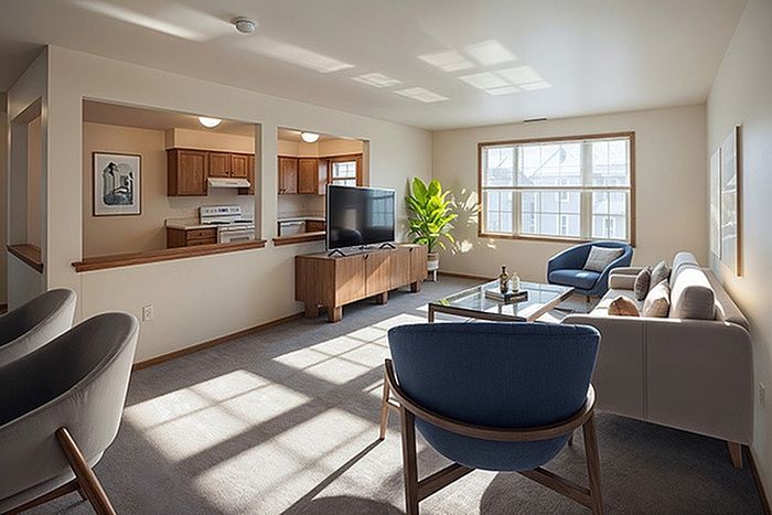 Bright and inviting living room with stylish modern furniture, cozy seating, and a sunlit kitchen in an open-concept apartment.