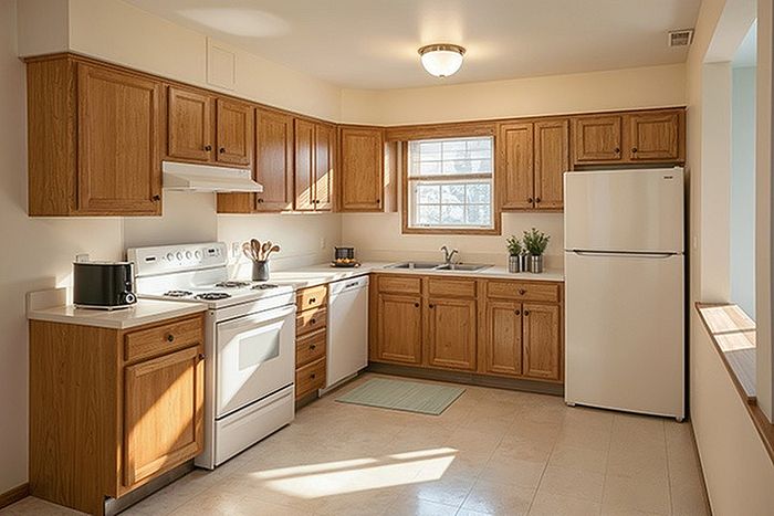 Bright and inviting kitchen with wooden cabinetry, modern appliances, and ample natural light.