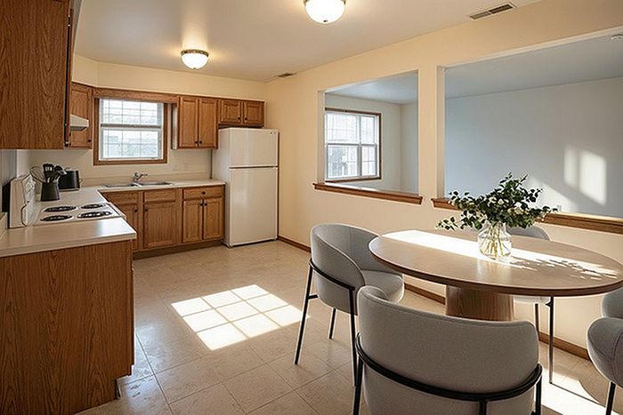 Inviting kitchen and dining area with warm wood cabinetry, elegant lighting, and a cozy breakfast nook.