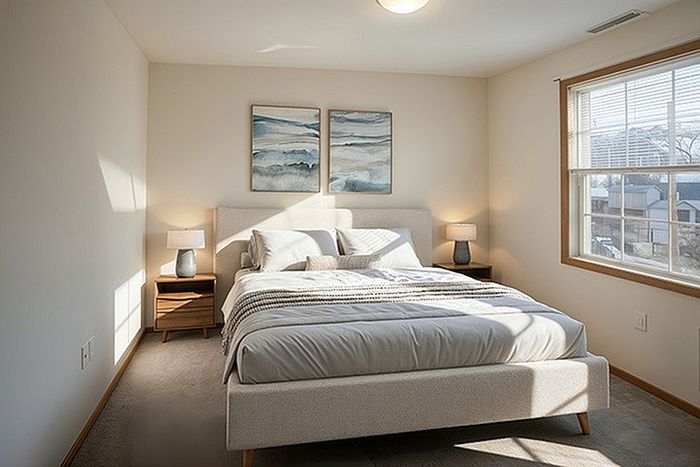 Inviting bedroom with a large window, cozy queen bed, and elegant decor, basking in natural light.
