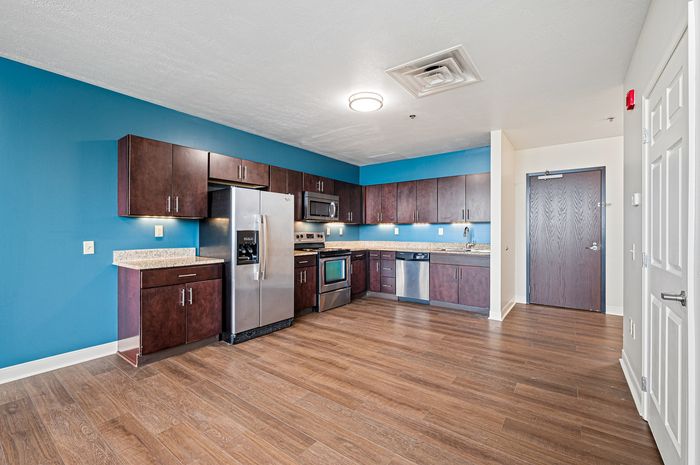 Contemporary kitchen with vibrant blue accent wall, dark wood cabinets, stainless steel appliances, and elegant wood flooring.