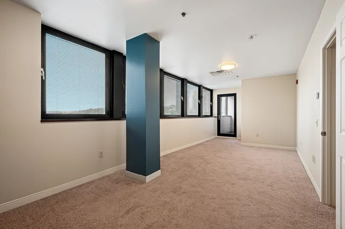 Bright and inviting room featuring expansive windows, plush carpeting, and modern finishes, perfect for a cozy living area or office space.