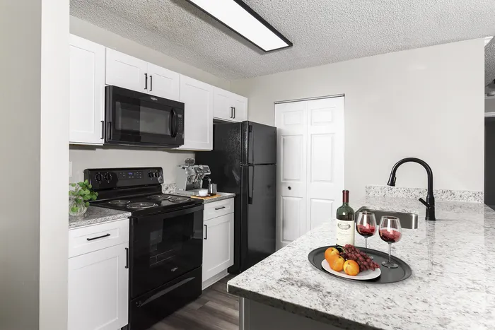 Contemporary kitchen with sleek black appliances, elegant white cabinetry, and a granite countertop, featuring wine and fruit for a touch of luxury.