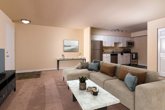 Elegant open-concept living room with plush carpet and modern kitchen, featuring stainless steel appliances and stylish decor.