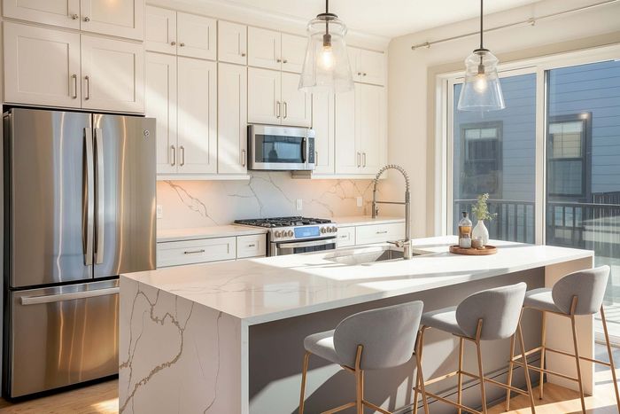 Bright modern kitchen featuring sleek white cabinets, stainless steel appliances, and a large marble island with stylish barstools.