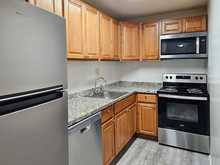 Modern kitchen with stainless steel appliances, granite countertops, and warm wooden cabinetry.