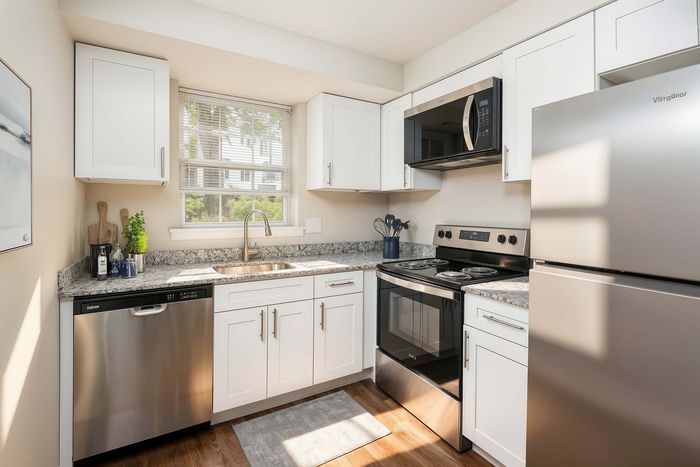 Sleek modern kitchen with stainless steel appliances, granite countertops, and ample natural light.