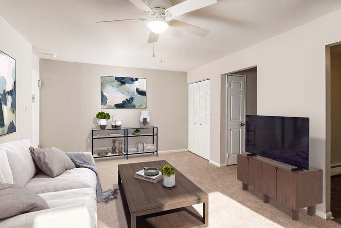 Bright, modern living room featuring plush carpet, stylish decor, and an inviting seating area with minimalist furniture.