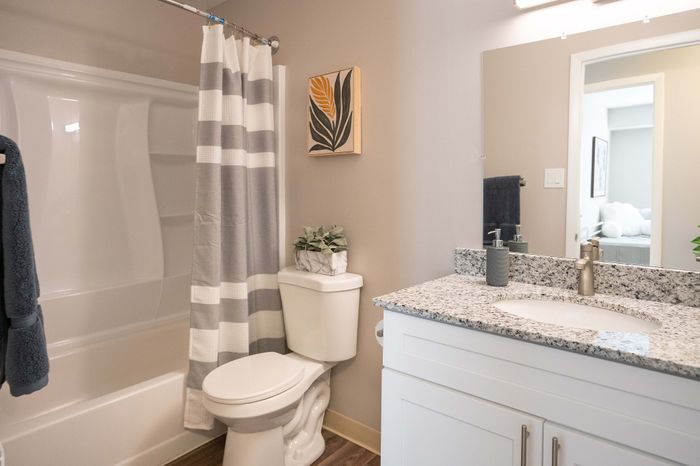 Modern bathroom featuring a granite countertop, sleek white cabinetry, and a stylish striped shower curtain.