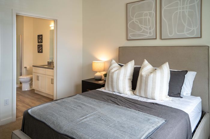 Elegant bedroom with plush bedding, modern decor, and en-suite bathroom, perfect for serene living.