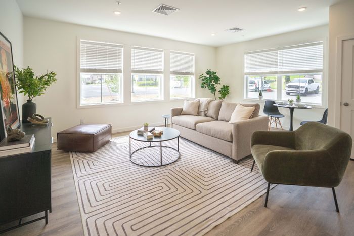 Bright and modern living room with elegant beige sofa, stylish armchair, and abundant natural light from large windows.