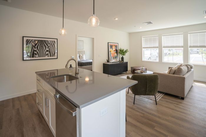 Modern open-concept living area featuring a sleek kitchen island, cozy living room with ample natural light, and stylish decor.