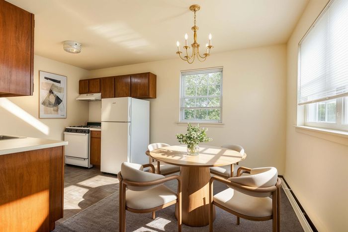 Bright and inviting kitchen with wooden cabinetry, elegant chandelier, cozy dining area, and large window for ample natural light.