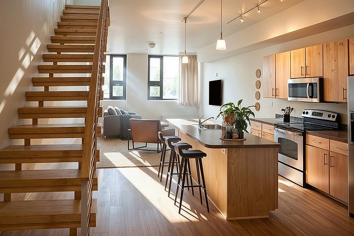 Modern apartment interior showcasing a spacious open-plan kitchen and living area with stylish wooden finishes and natural light.