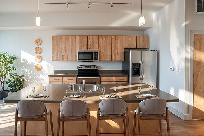 Modern kitchen with sleek cabinetry, stainless steel appliances, and a central island with elegant dining setup, bathed in natural light.