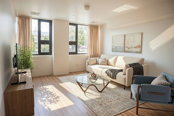 Bright and inviting living room with large windows, a cozy beige sofa, modern armchair, and elegant decor, perfect for relaxing.