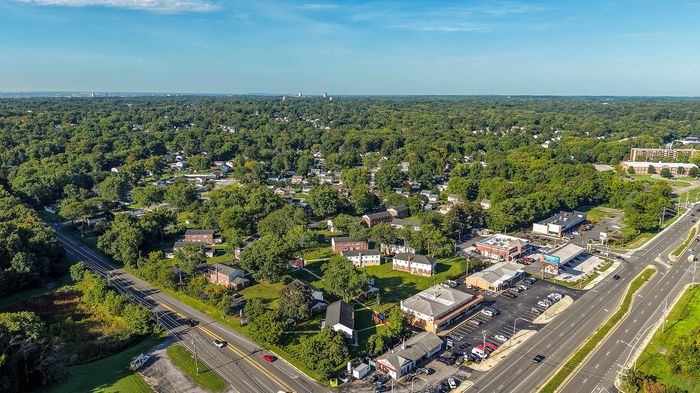 Charming suburban aerial view showcasing lush greenery, residential homes, and a vibrant community center on a sunny day.