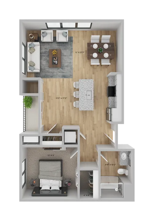 Elegant floor plan featuring a spacious open-concept living and dining area, modern kitchen with island, cozy bedroom, and stylish bathroom.