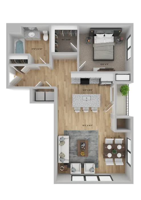 Modern floor plan showcasing a spacious 1-bedroom layout with a large living area, open kitchen, and cozy dining space, highlighted by elegant finishes and natural light.
