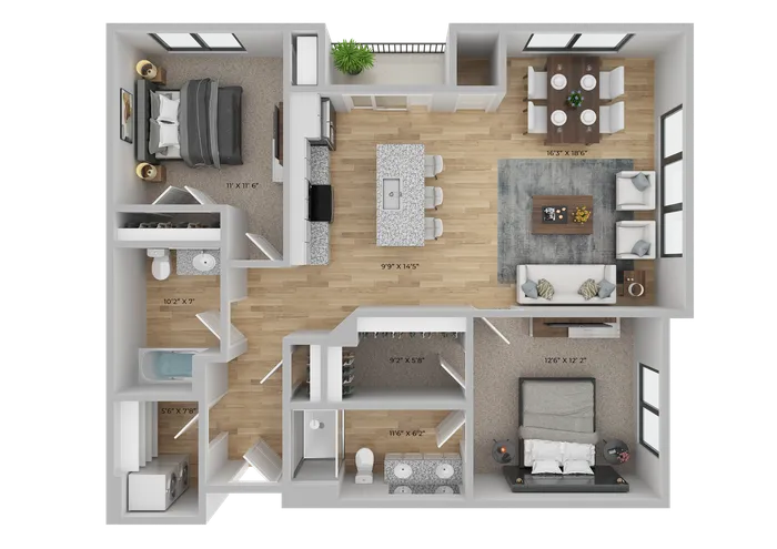 Modern floor plan featuring 2 luxurious bedrooms, spacious open-concept living area, sleek kitchen with island, and elegant dining space.