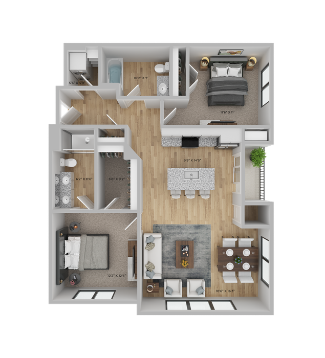 Chic 3D floor plan showcasing two spacious bedrooms, modern open-concept kitchen and living area, dining space, and two elegant bathrooms.
