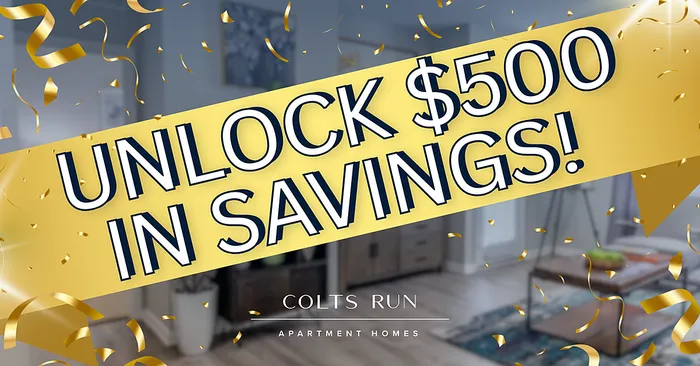 Inviting Colts Run Apartment Homes offer a $500 savings promotion. Cozy interior with modern decor promises comfort and style.