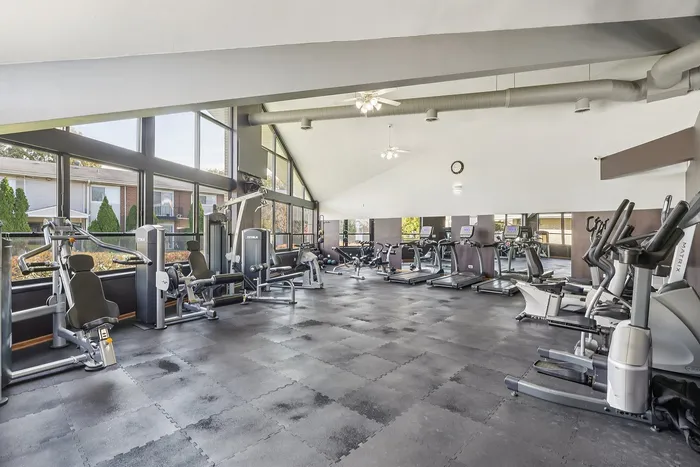 Bright and modern fitness center with high ceilings, featuring state-of-the-art exercise equipment and large windows for natural light.