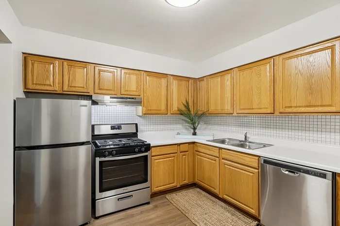 Modern kitchen with stainless steel appliances, elegant wood cabinetry, and sleek countertops, creating a stylish and functional cooking space.