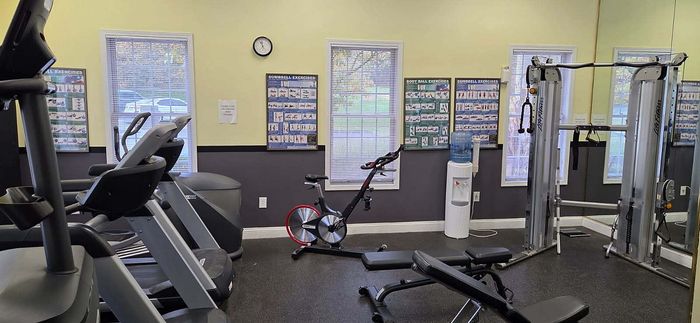 Modern fitness center equipped with state-of-the-art exercise machines, including treadmills, a stationary bike, and strength training equipment, offers a bright and motivational workout environment.