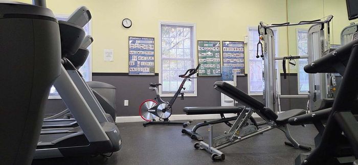 Modern fitness center equipped with treadmills, exercise bike, weight bench, and strength training machines against a backdrop of bright windows and motivational wall posters.