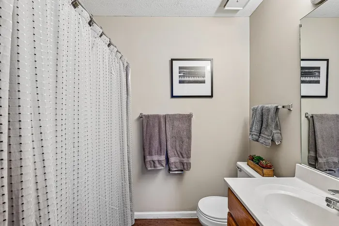 Bright and modern bathroom featuring sleek vanity, elegant shower curtain, wall art, and cozy towels, creating a stylish and comfortable space.