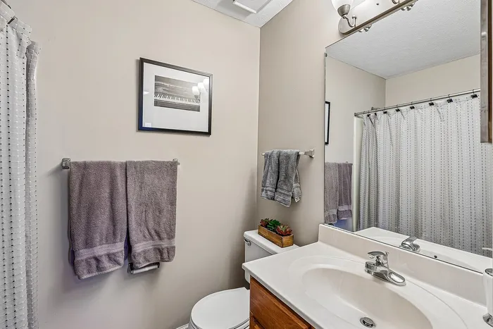 Modern bathroom featuring elegant decor, plush grey towels, a sleek vanity with a polished countertop, and a stylish shower curtain.