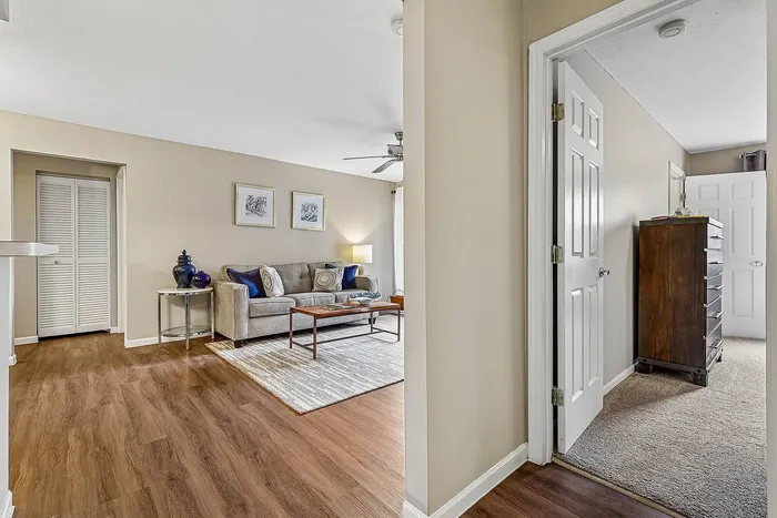 Inviting living room with elegant wood flooring, cozy couch, and tasteful decor, leading to a peaceful carpeted bedroom area.