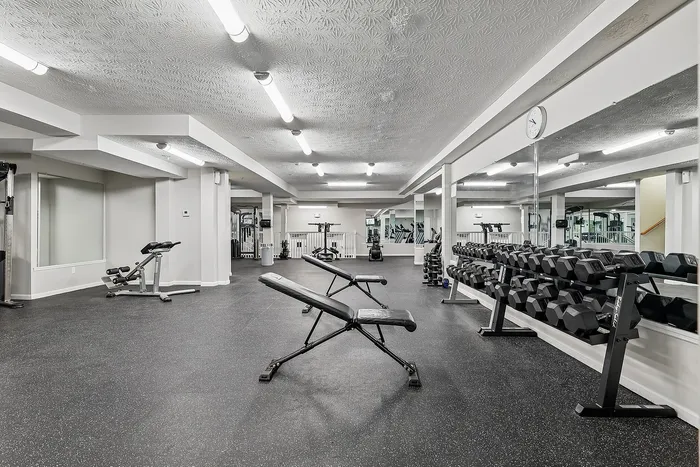 Modern, spacious gym with state-of-the-art fitness equipment, including weight racks and benches, ideal for an energetic workout.