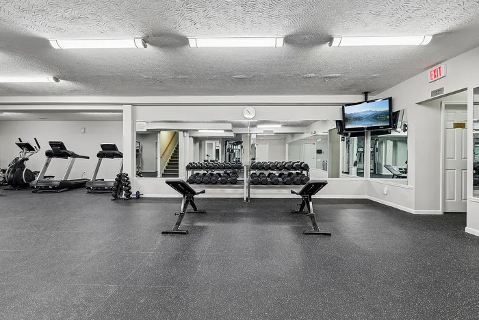 Modern fitness center featuring state-of-the-art treadmills, free weights, and mirrors, perfect for a comprehensive workout experience.