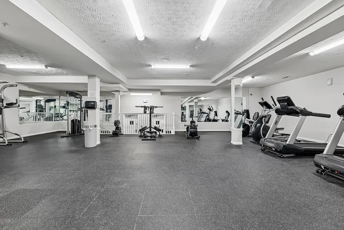Spacious modern fitness center with state-of-the-art gym equipment, offering ample space for a dynamic workout experience.
