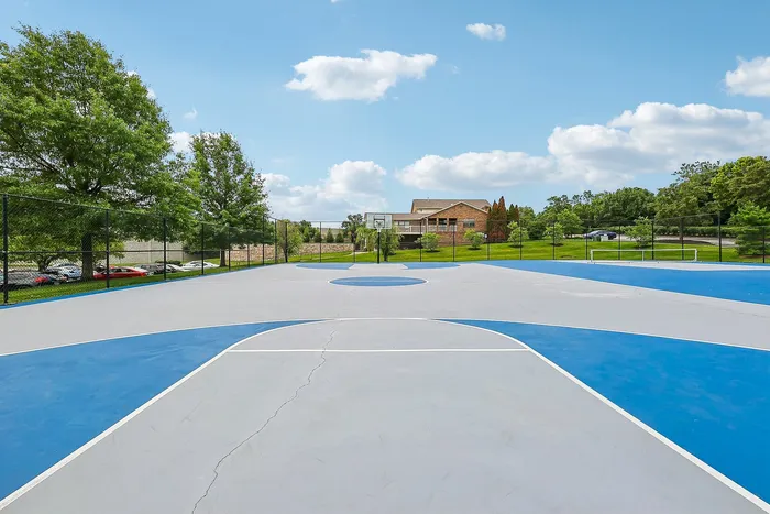 Expansive outdoor basketball court with vibrant blue accents, surrounded by lush greenery and clear blue skies.