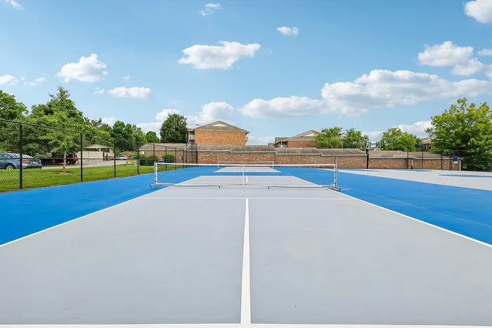 Bright, modern tennis court with vibrant blue and gray surfaces, surrounded by lush greenery and residential buildings under a clear, sunny sky.