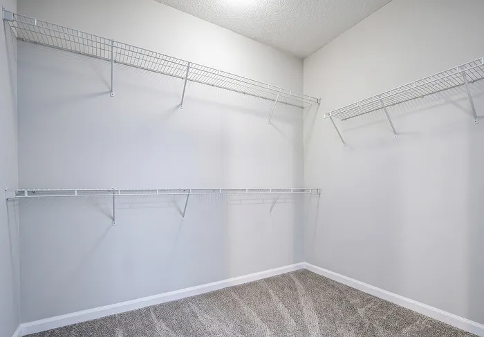Spacious and bright walk-in closet with ample shelving and modern design, perfect for organized living.