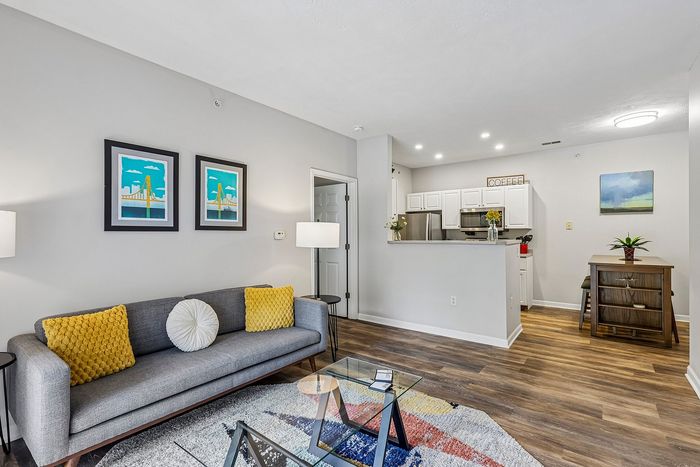 Inviting open-plan living space with modern decor, cozy seating, and a stylish kitchen in view, perfect for relaxation and entertaining.
