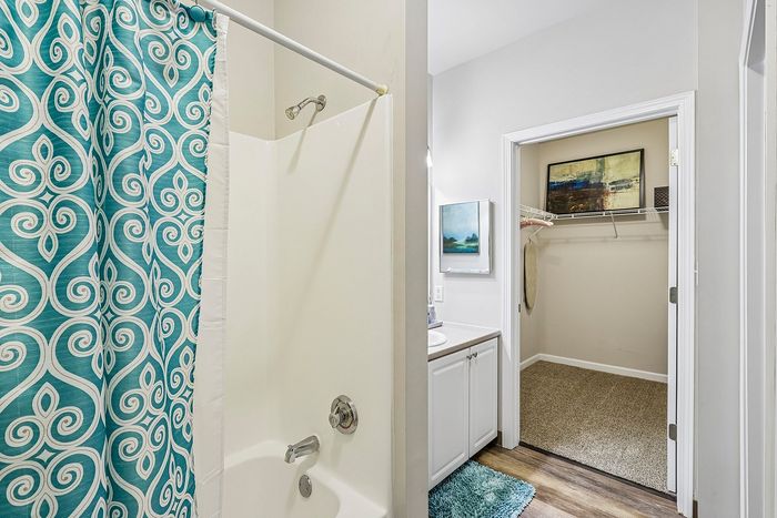 Bright and modern bathroom featuring a decorative teal shower curtain, sleek white fixtures, and an adjacent walk-in closet with stylish artwork.