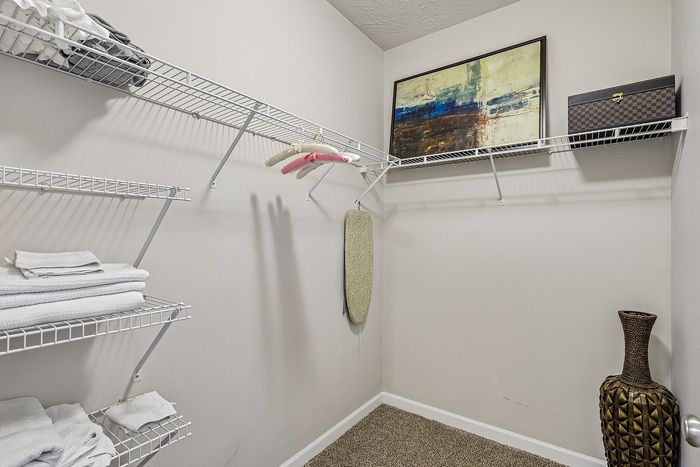 Spacious walk-in closet with organized shelves, artistic decor, and modern storage solutions.